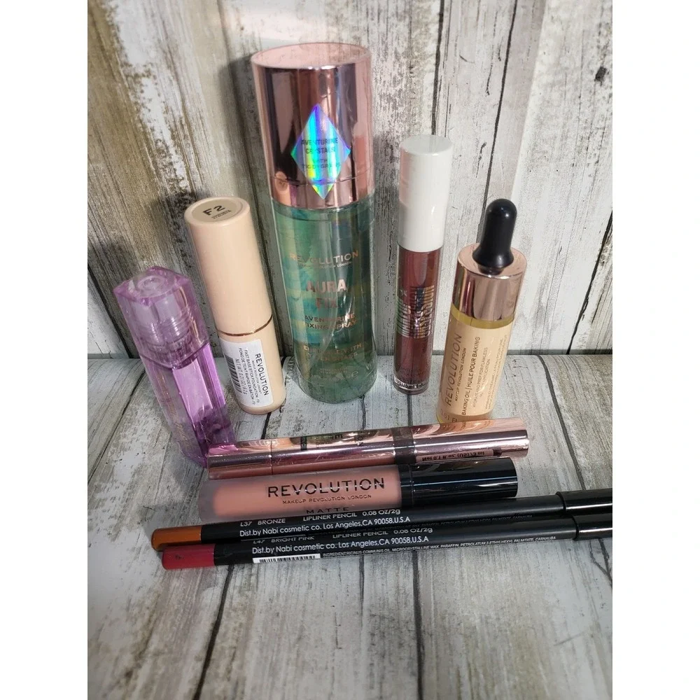 Revolution 9 Piece Makeup Lot New Eyes Lips Face Setting Spray Foundation Oil